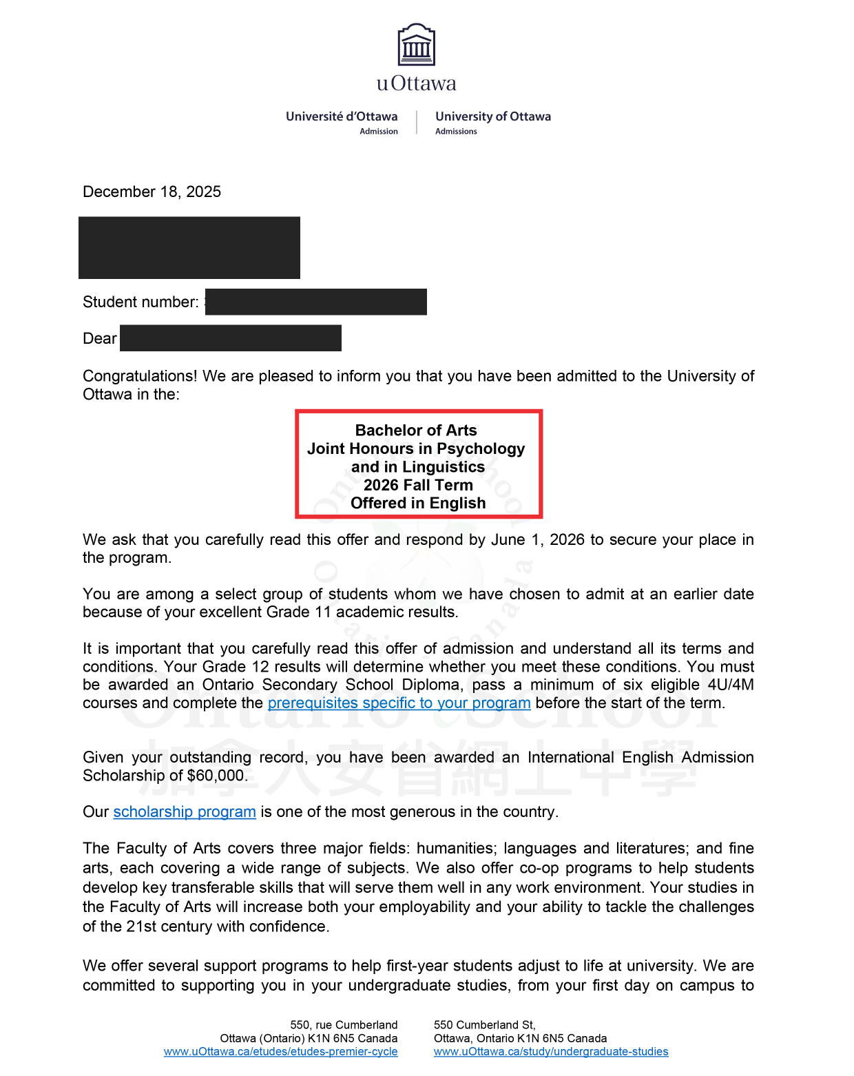 OeS Offer 2026_Unversity of Ottawa_Bachelor of Arts in Psychology and in Linguistics