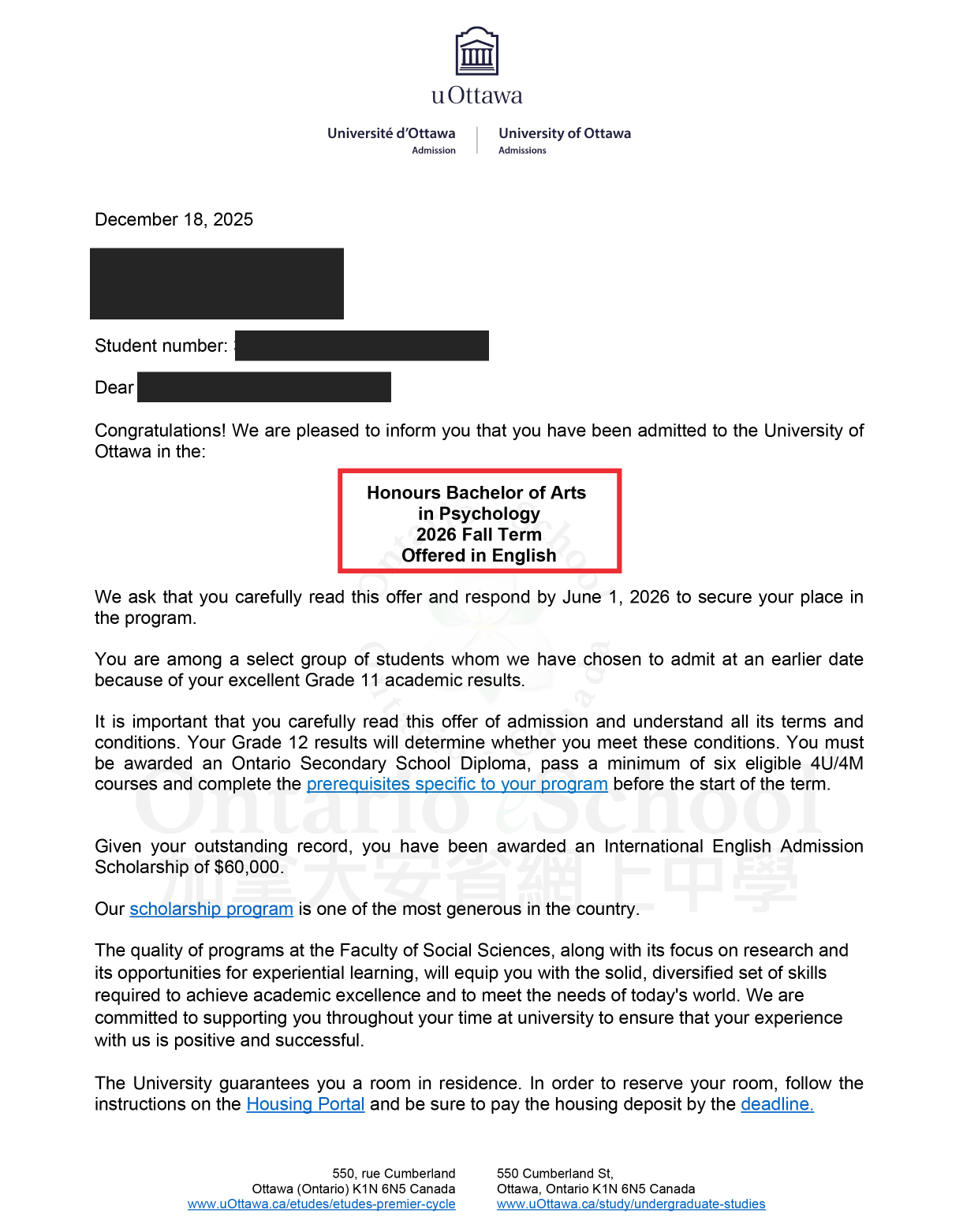 OeS Offer 2026_Unversity of Ottawa_Honours Bachelor of Arts in Psychology