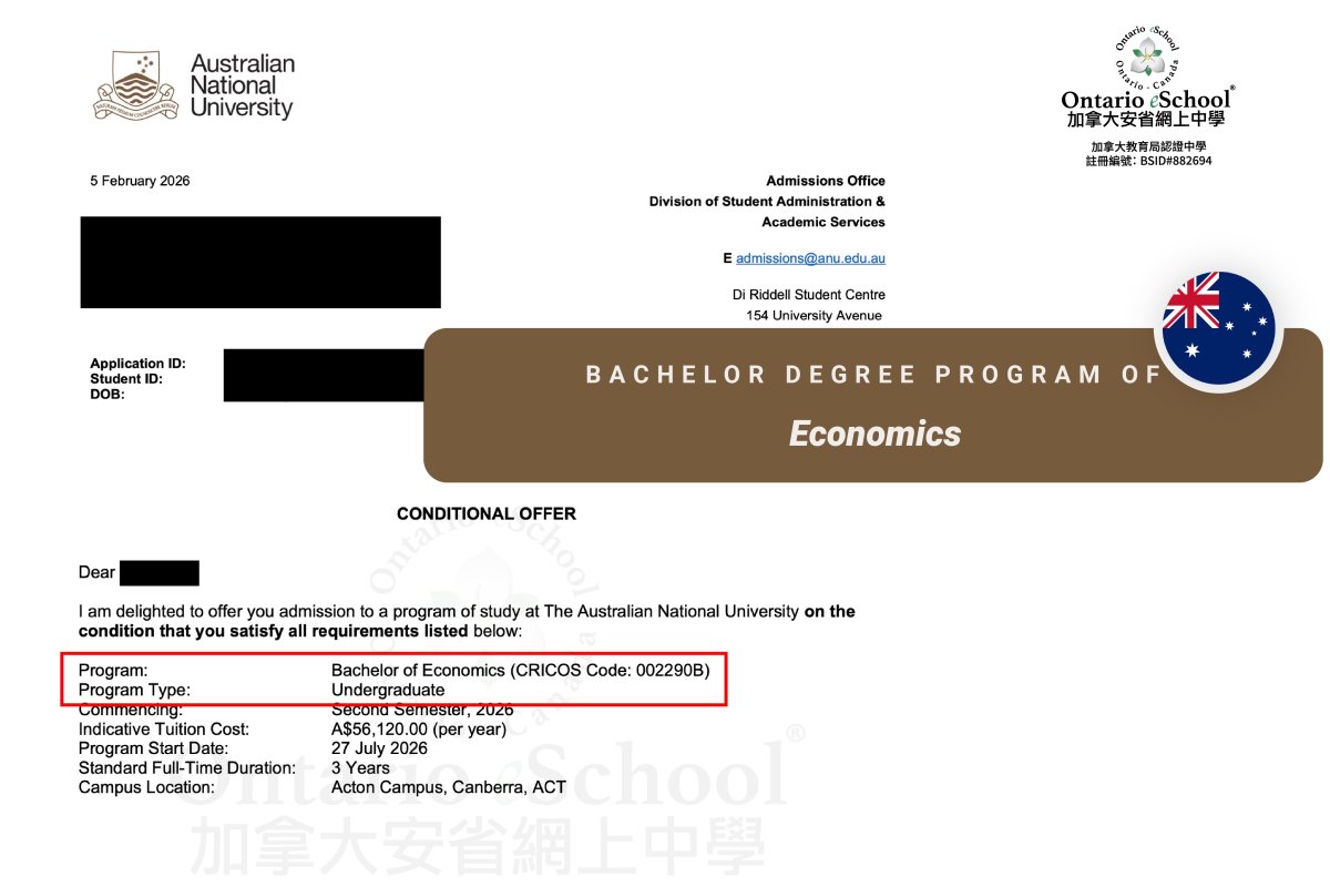 恭喜OeS 2026學年畢業的學生獲得 Australian National University  的錄取通知