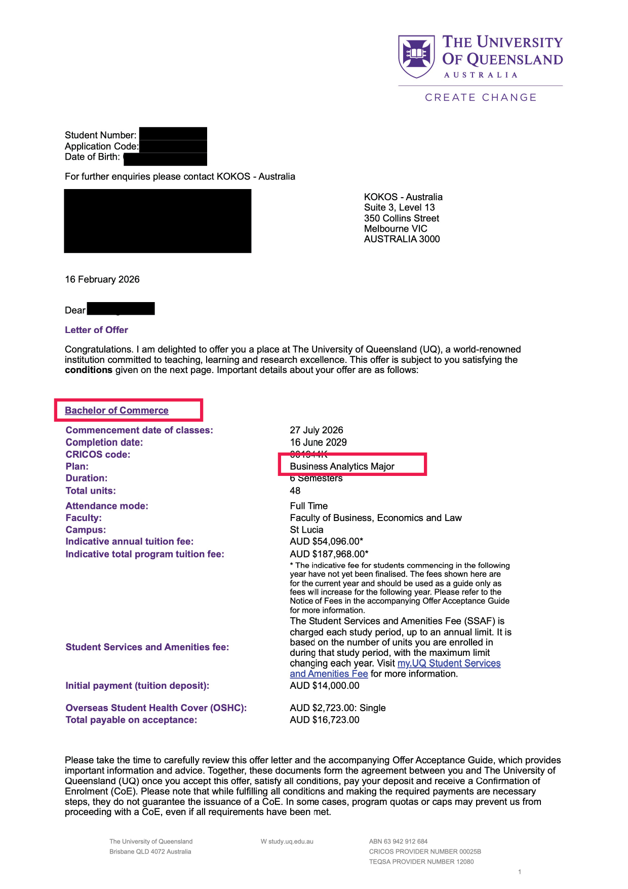 20260331_OeS_New Offer 2026_University of Queensland_Bachelor of Commerce_Business Analytics Major