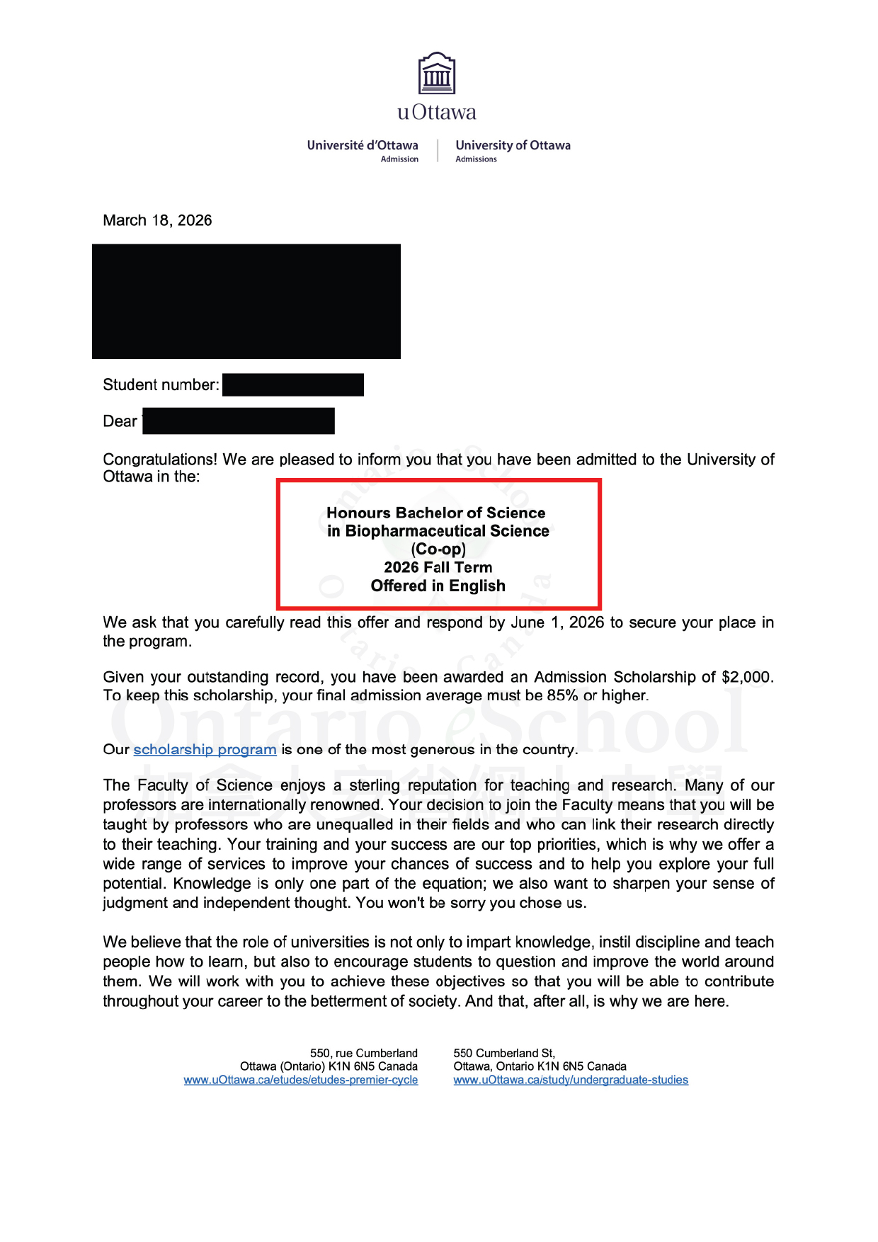 20260408_OeS_Offer_Ottawa_Honours Bachelor of Sciences in Biopharmaceutical Science_Coop