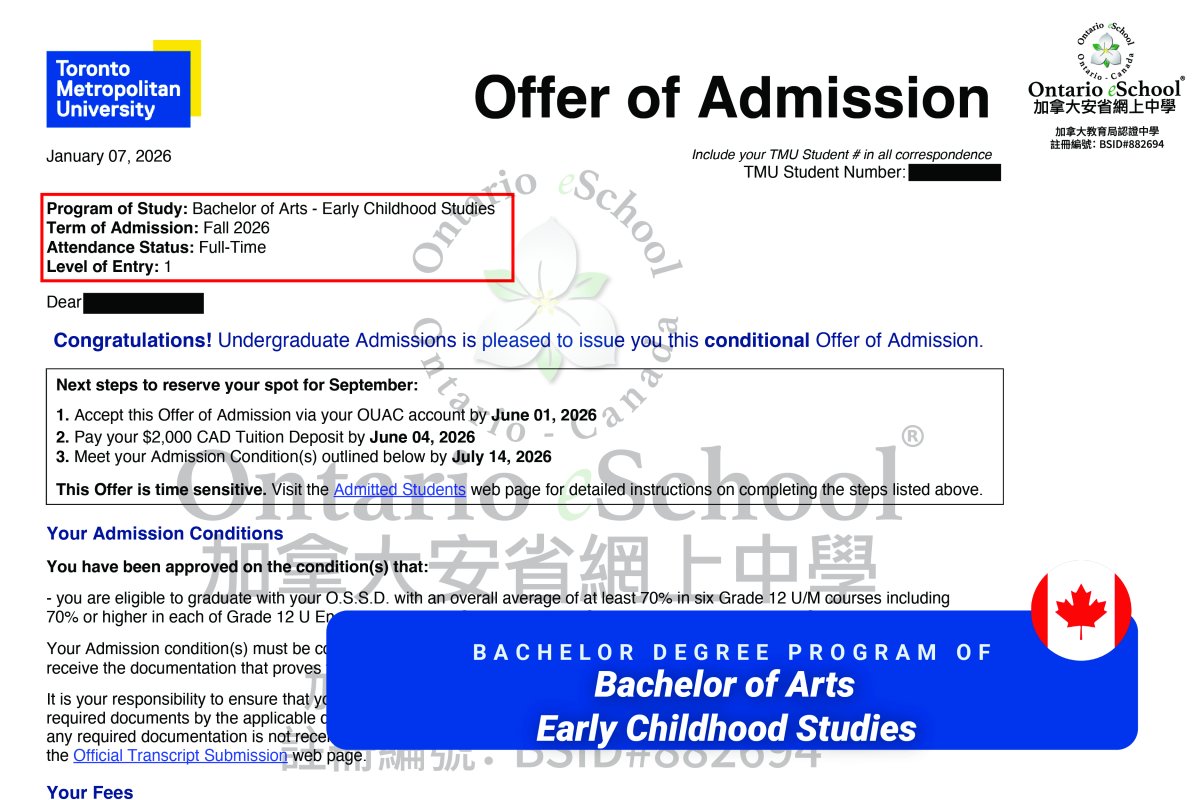 恭喜OeS 2026學年畢業的學生獲得 Toronto Metropolitan University 的錄取通知