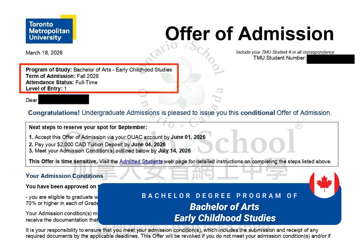 恭喜OeS 2026學年畢業的學生獲得 Toronto Metropolitan University 的錄取通知